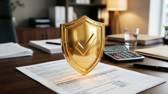 Golden shield with checkmark on project verification documents representing security and approval concepts