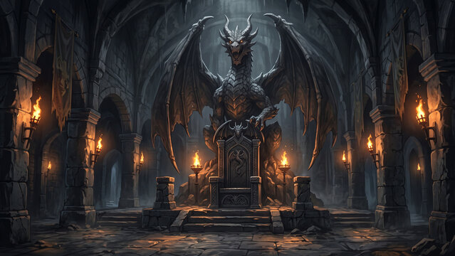 Majesty of a stone dragon sitting on a grand throne inside a dark gothic dungeon hall lit by flickering torches in a fantasy realm