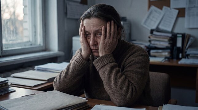 Exhausted social worker rubbing face in cluttered office with paperwork