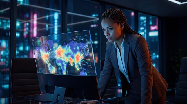 Female executive intensely focused on global supply chain heat map monitor in dark boardroom