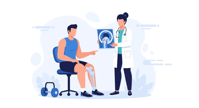 Doctor Shows Patient MRI Scan of Knee Joint, Illustrating Medical Diagnosis and Healthcare Consultation