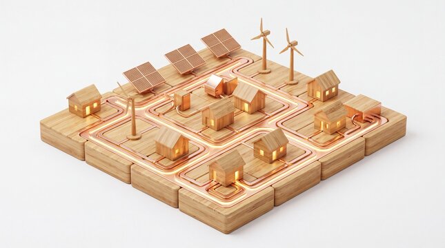 Wooden microgrid model with glowing copper circuits and renewable energy sources