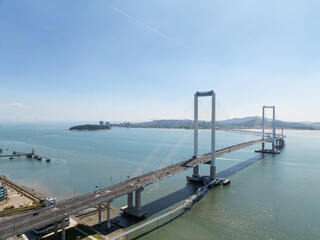 Fototapeta premium An aerial view shows Cheongna Sky Bridge and cities on the sea, incheon in republic of korea