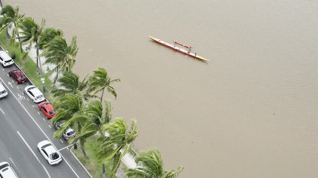 Outrigger boat or Canoe is a watercraft. The Ala Wai Canal is an artificial waterway in Honolulu, Oahu, Hawaii which serves as the northern boundary of the tourist district of Waikiki. Coconut palm 