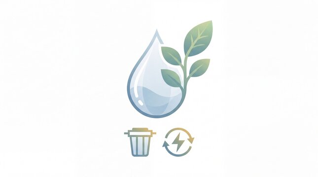Environmental sustainability concept with water droplet plant trash can and recycling symbol
