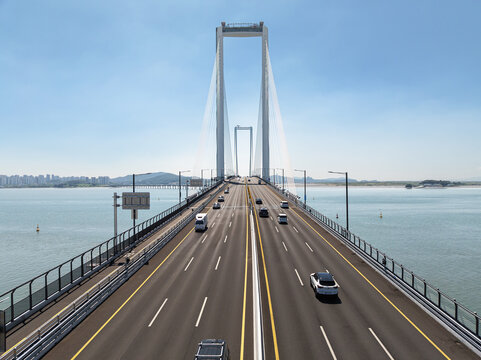 An aerial view shows Cheongna Sky Bridge and cities on the sea, incheon in republic of korea