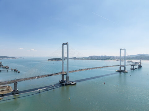An aerial view shows Cheongna Sky Bridge and cities on the sea, incheon in republic of korea