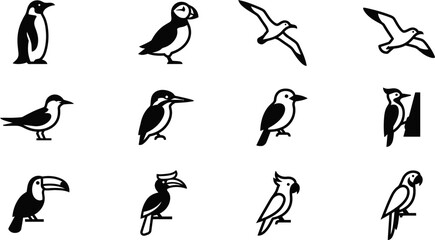 Collection of various bird species silhouettes icons set. © Arzo