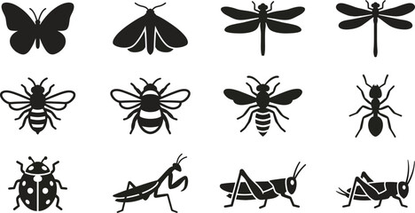 Set of black silhouette icons featuring various insects. © Arzo
