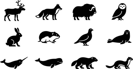 Set of black silhouette arctic and polar animal icons. © Arzo