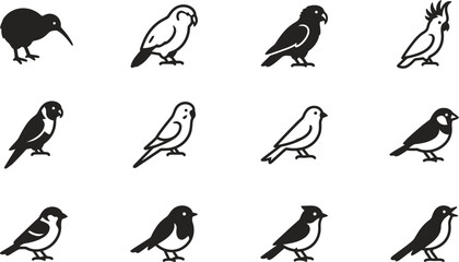 Collection of various bird species silhouette icons set. © Arzo