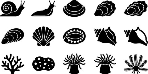 Set of sea creatures and marine life icons in black and white. © Arzo
