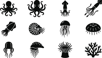 Set of sea creatures and marine life icons. © Arzo
