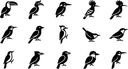 Set of black bird icons representing various avian species. © Arzo