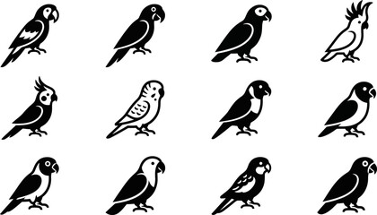Collection of various parrot species icons in black and white. © Arzo