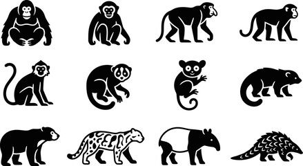 Set of wild animals and primate species silhouette icons. © Arzo