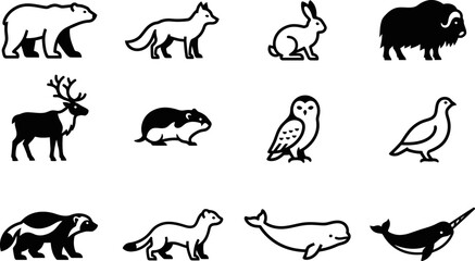 Set of Arctic animal silhouettes and line art icons. © Arzo