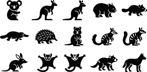 Set of Australian wildlife animal silhouettes including koala kangaroo and platypus. © Arzo