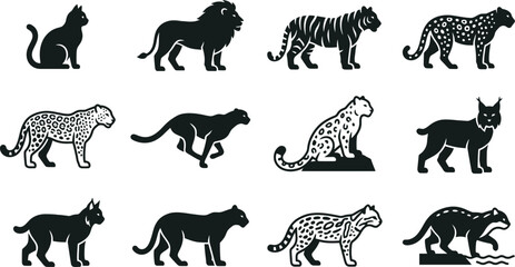 Set of wild cat species silhouettes and icons. © Arzo
