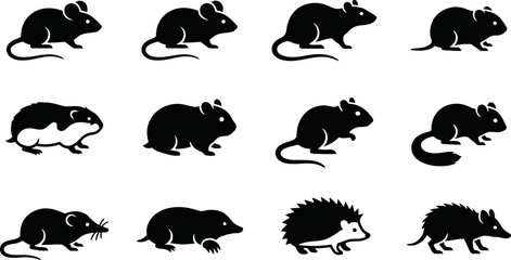 Set of black silhouettes representing small rodents and wild animals. © Arzo