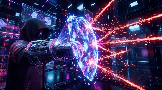 Futuristic hacker deflects red lasers using holographic shield gauntlet in neon server room