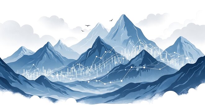 Stylized mountain range illustration with data overlay and birds, representing success