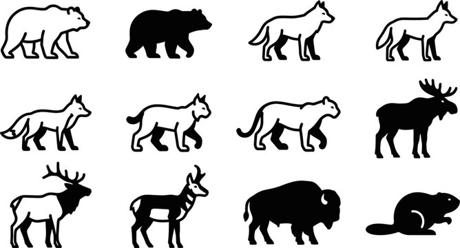 Set of wild animals icons black and white vector illustrations.