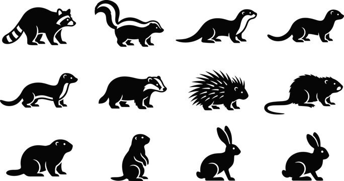 Set of monochrome animal silhouettes including mammals and small forest creatures.