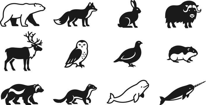Set of black and white arctic and tundra animal icons.