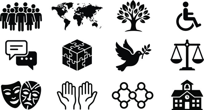 Collection of diverse social and conceptual icon symbols in black silhouette.