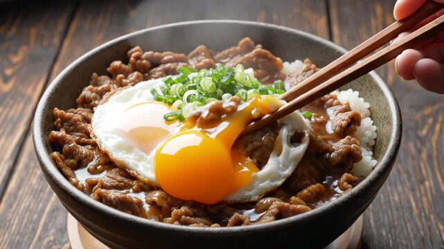 Steaming Japanese gyudon beef bowl with white rice, thin sliced beef, two sunny-side-up fried eggs, and chopped scallions, shown with chopsticks on a rustic wooden table.