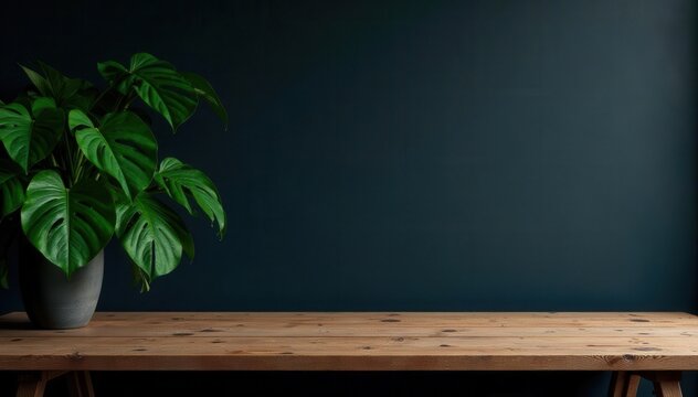 Dark loft interior, wooden table, monstera plant, grunge wall , shadow, black