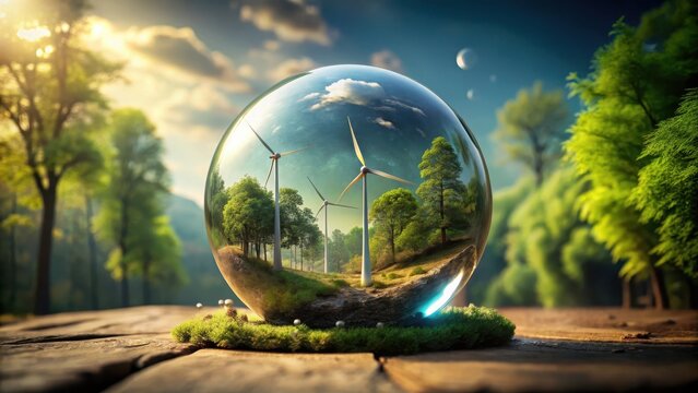 Crystal sphere holds miniature forest scene wind turbines crystal sphere holds miniature forest scene wind turbines sustainability concept renewable e