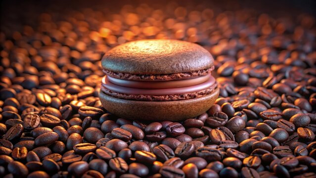 Chocolate macaron on coffee beans chocolate macaron coffee beans abstract background minimalist design pastel gradient luxury backdrop neon glowing cr