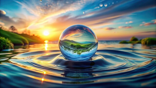 Clear blue water drop with circular waves on sunset background clear blue water drop circular waves sunset background sustainability concept renewable