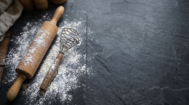 Wooden Rolling Pin and Flour on Dark Slate with Copy Space