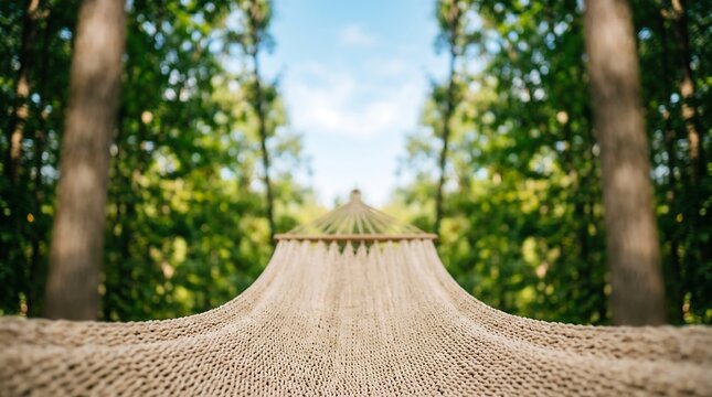 Empty Hammock with Blurred Forest and Sky Copy Space