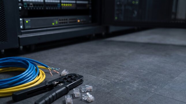Ethernet Cables and IT Tools on Dark Server Room Floor Copy Space