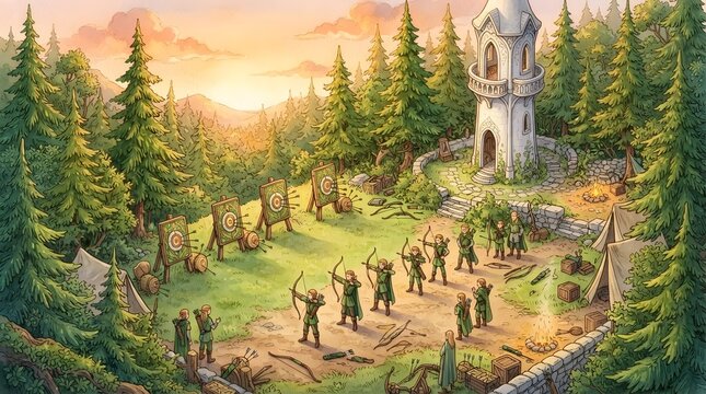 Isometric fairytale illustration of an Elven archery training ground with a white stone tower inside a pine forest, designed with no text and no borders.