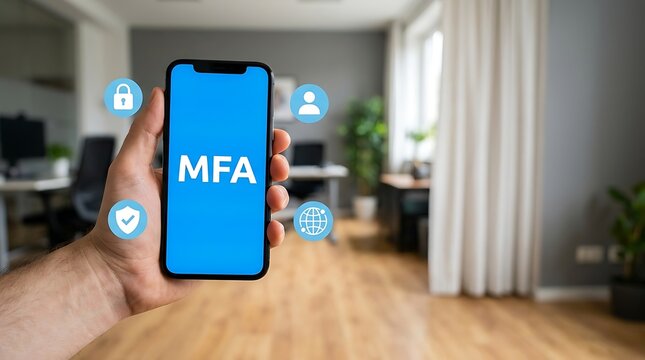 Hand Holding Smartphone Displaying MFA Security Screen in Home Office Setting
