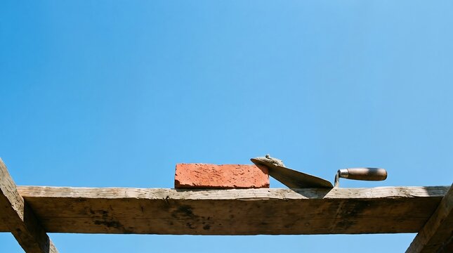 Masonry Trowel and Brick on Wooden Plank with Sky Copy Space