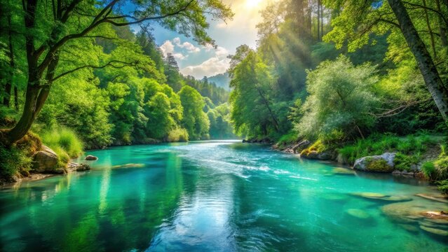 Tranquil turquoise river flowing through a lush forest on summer solstice day tranquil turquoise river flowing through lush forest summer solstice day