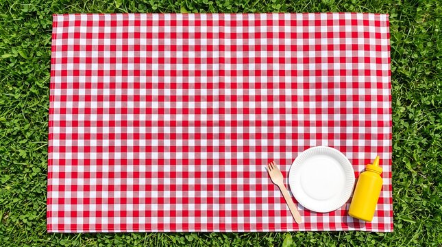 Blank Paper Plate and Checkered Blanket on Grass Copy Space