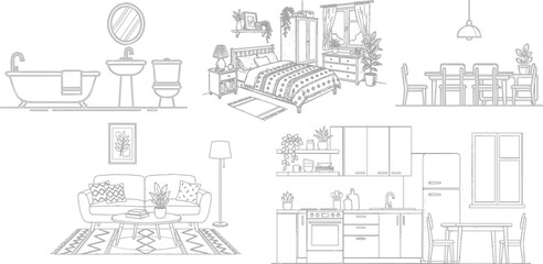 Obraz premium Hand Drawn Sketch Collection of Modern House Interior Rooms Featuring Furniture and Home Decor Layouts