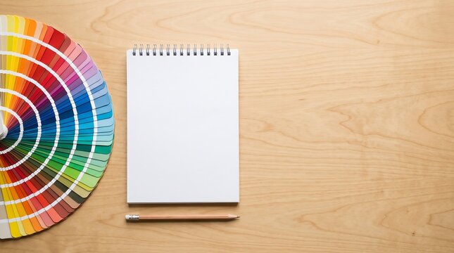 Blank Sketchpad and Color Swatches on Wood Copy Space