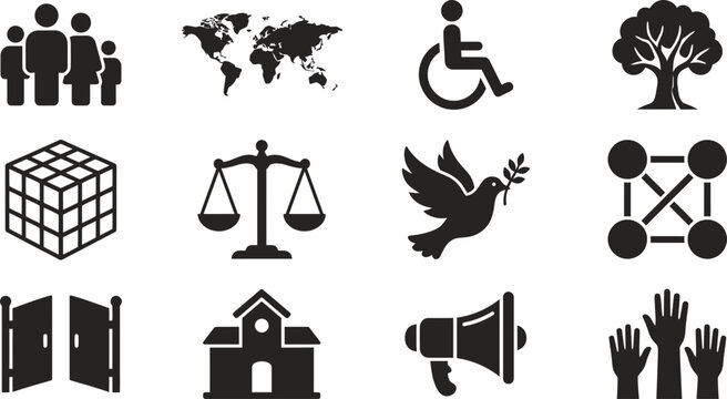 Collection of social and global concept icons in black silhouette style.