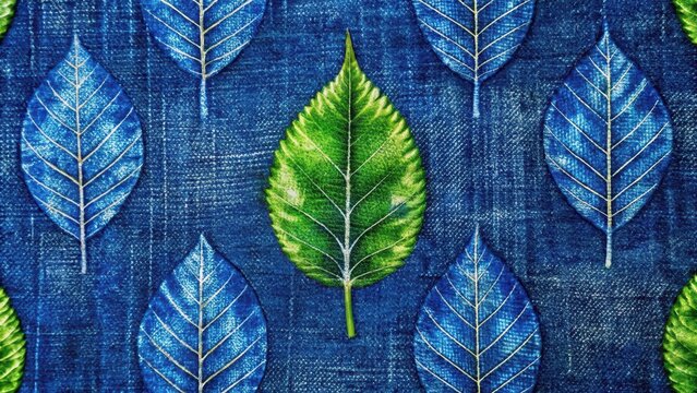 Indigo denim blue leaf motif seamless border japanese dye batik fabric style effect print banner swatch indigo denim blue leaf motif seamless border j
