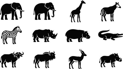 Set of silhouettes of African wild animals including elephant giraffe and zebra. © Dhea