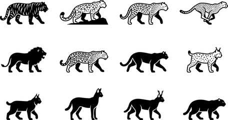 Collection of black and white wild cat silhouette icons. © Dhea