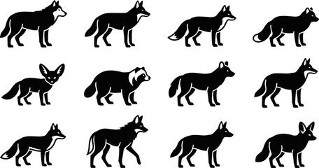 Collection of various wild canids and foxes in silhouette. © Dhea